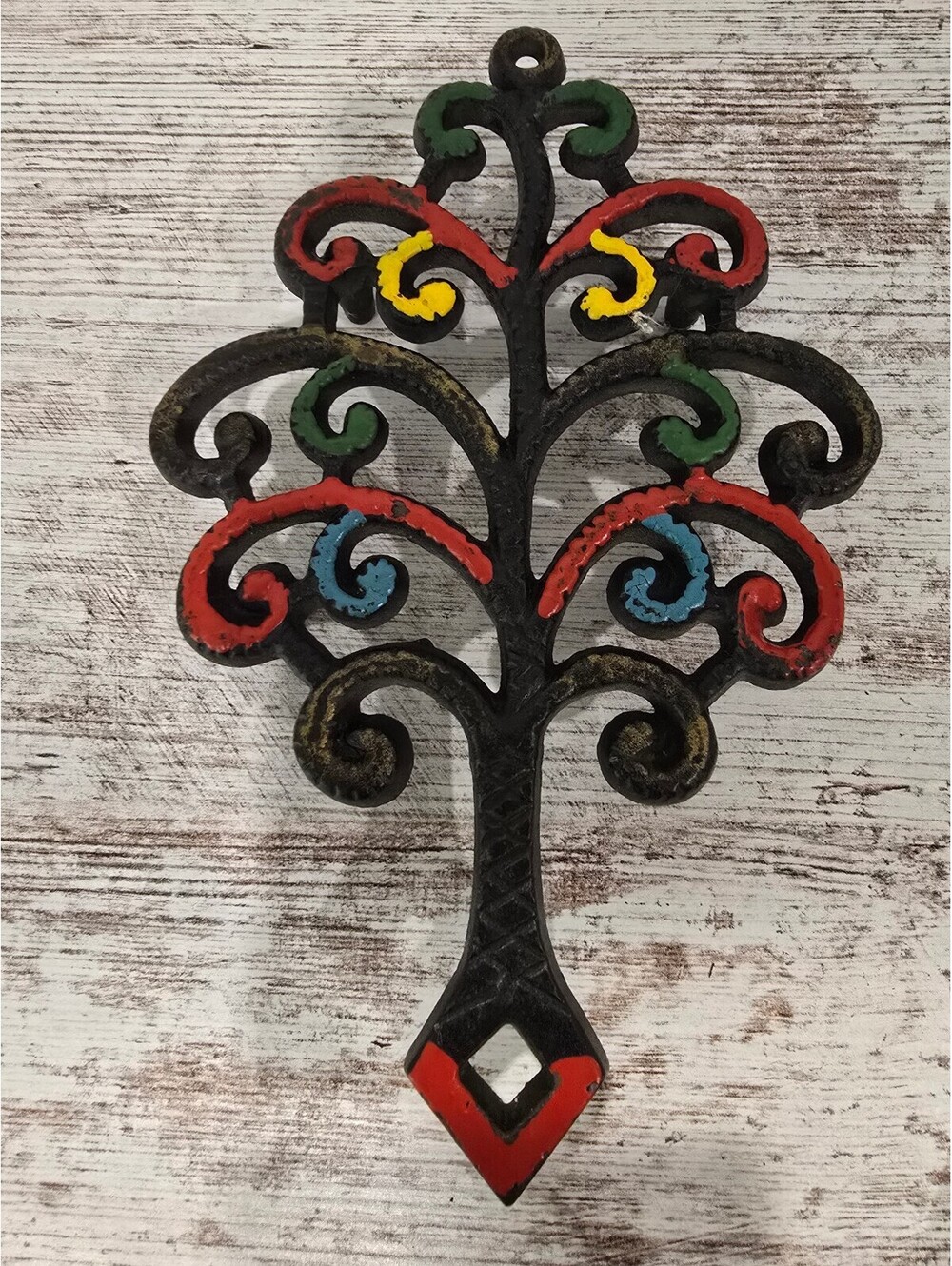 Vintage 1970's Cast Iron Tree of Life Trivet Red Blue Green Yellow Cottagecore